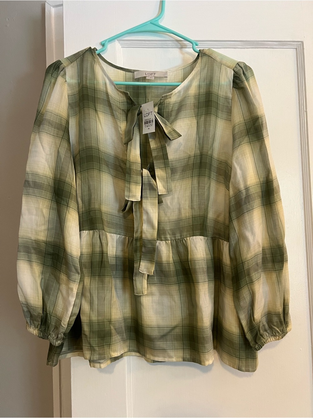 NEW! LOFT Olive & Cream Plaid Tie-Neck Peasant Top